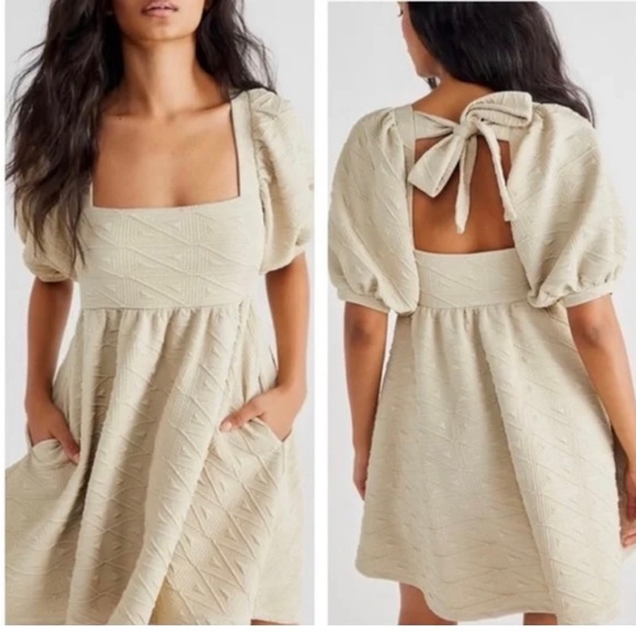 NWOT Free People Puff Sleeve Pocketed Mini Dress with Pockets - Picture 3 of 6